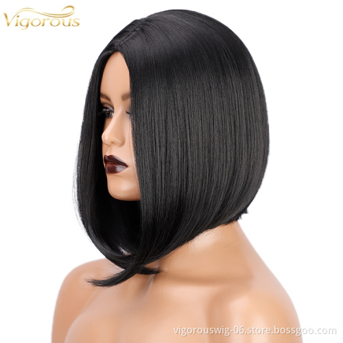 Straight short black solid high quality wholesale vendors black women synthetic hair fiber wigs with none lace